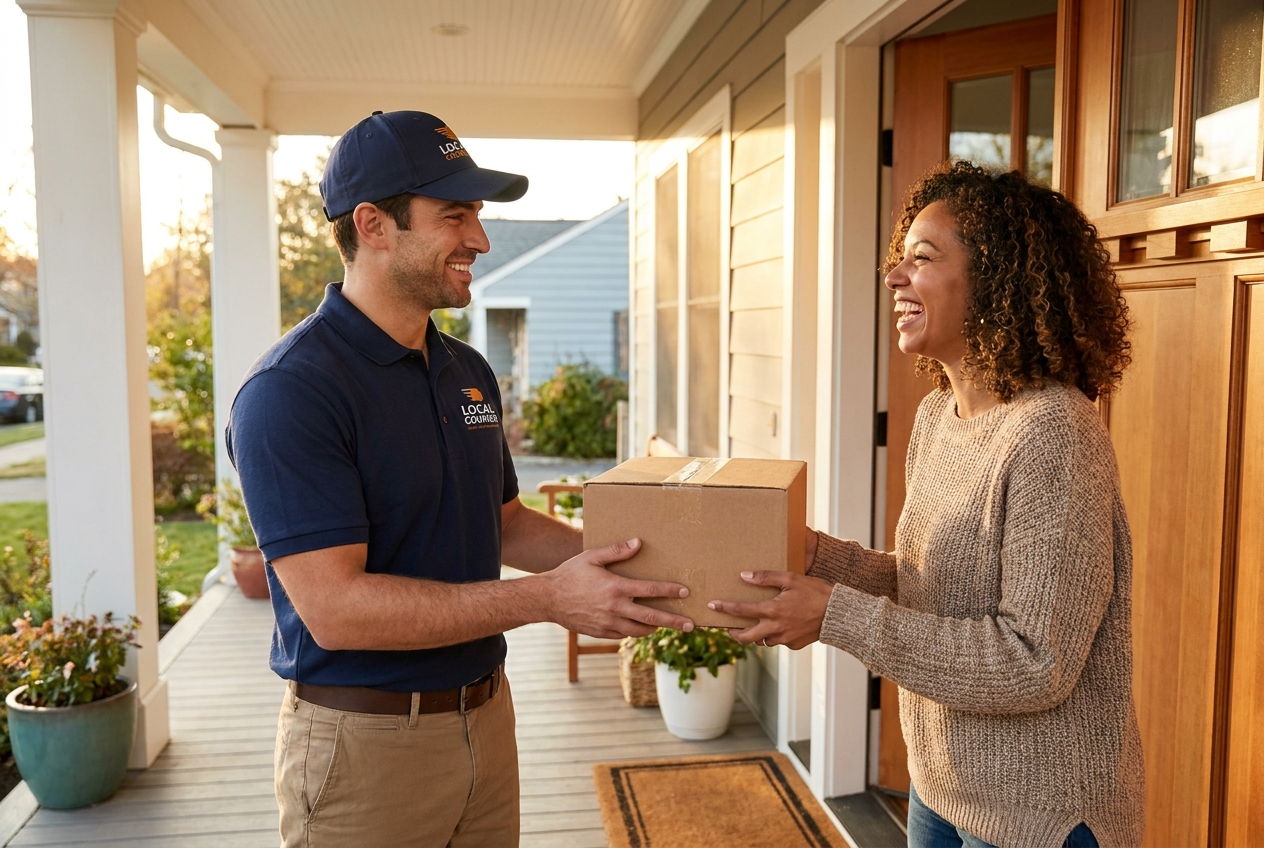 Courier handing a package to a happy customer at their front door
