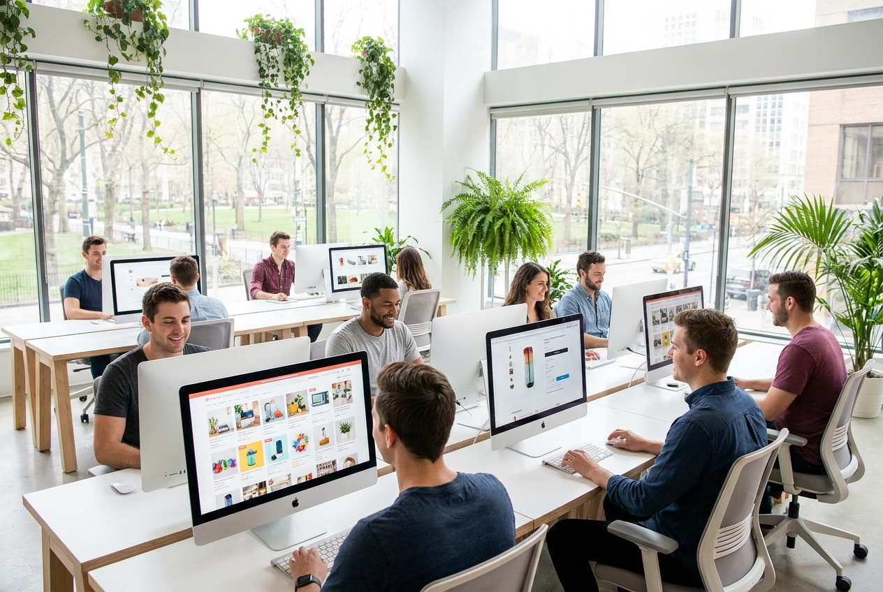 A bright open-plan office of people browsing the marketplace on their monitors