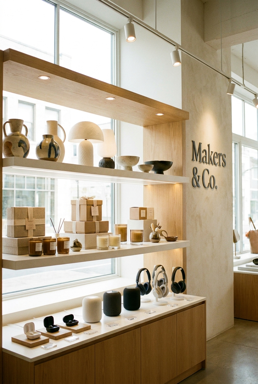 Bright retail showroom with home goods, gifts and electronics