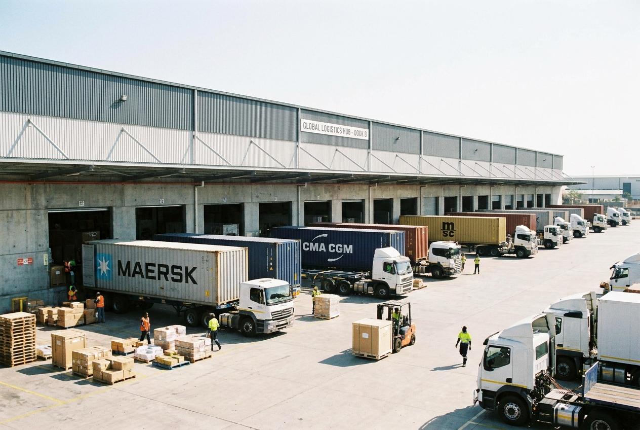 Delivery trucks and sea containers at the loading dock