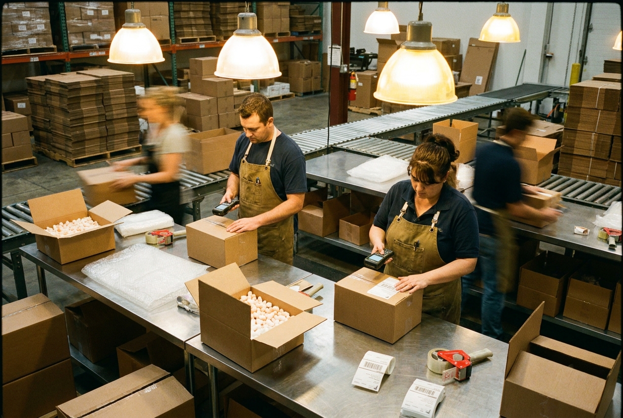 Staff at a full-scale packing station boxing and labeling orders