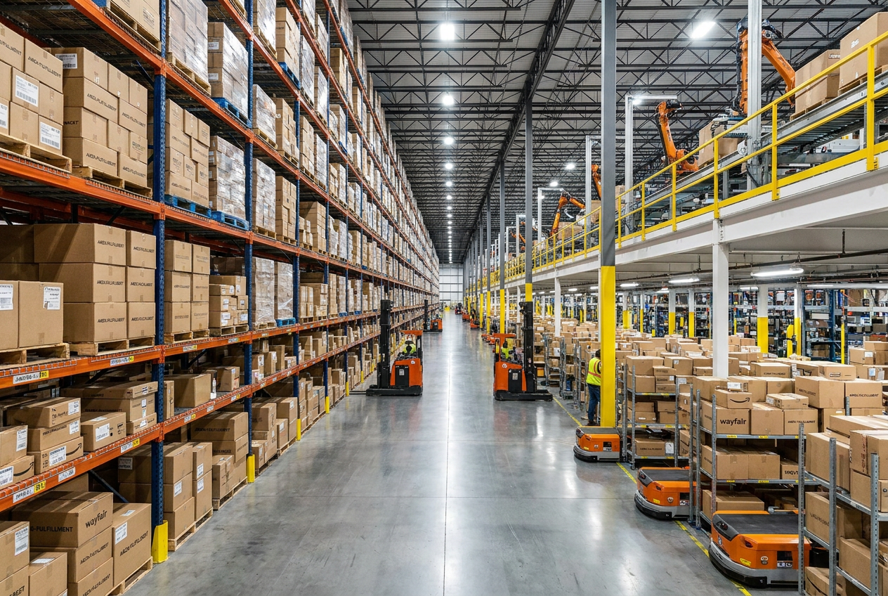 Tall warehouse racks stacked with boxed merchandise